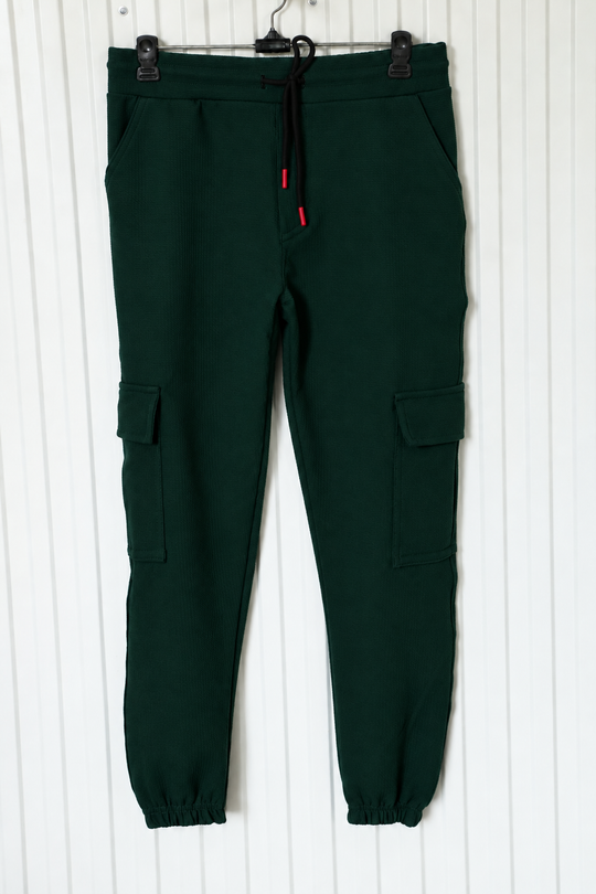 ATTRACTIVE MEN'S POPCORN CARGO TRACK PANT- BOTTLE GREEN – alternate view – 7MAN India