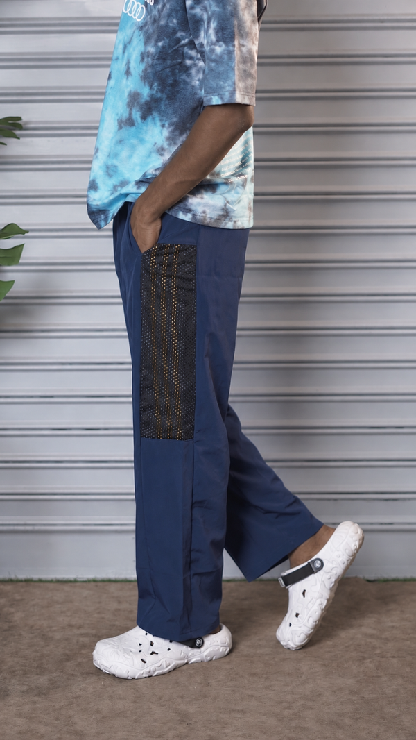 Men's Mesh Baggy Panel Relaxed Fit Streetwear Pants - Navy Blue