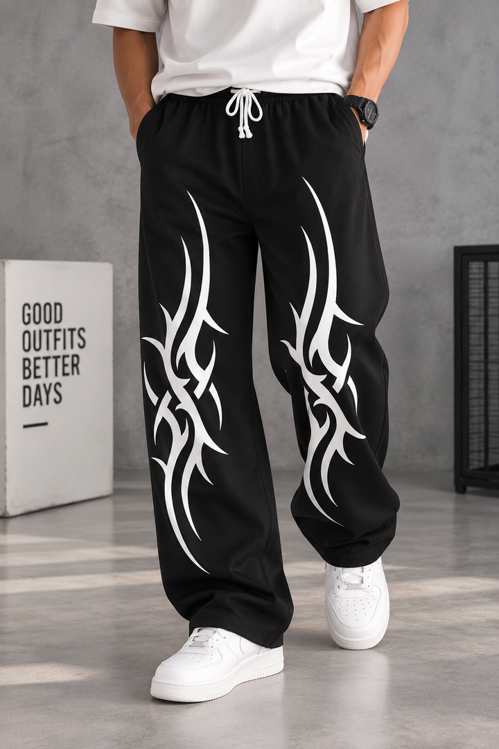 Men's Oversized Gothic Tattoo Graphic Track Pants - Black