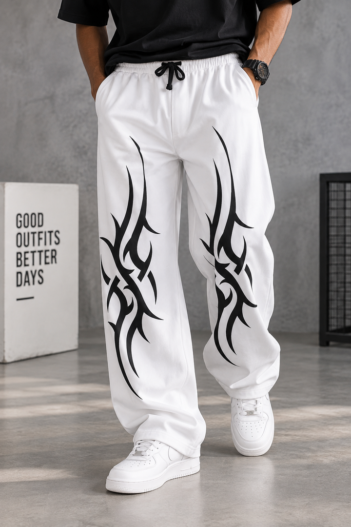 Men's Oversized Gothic Tattoo Graphic Track Pants - White