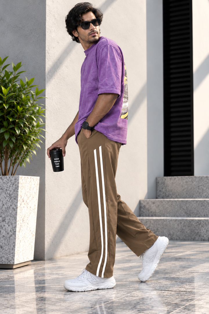 Men's Korean Baggy Double Stripe Dual Zip Track Pants - Brown