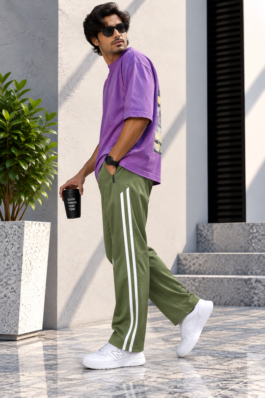 Men's Korean Baggy Double Stripe Dual Zip Track Pants - Olive Green – 7MAN Men's Fashion India