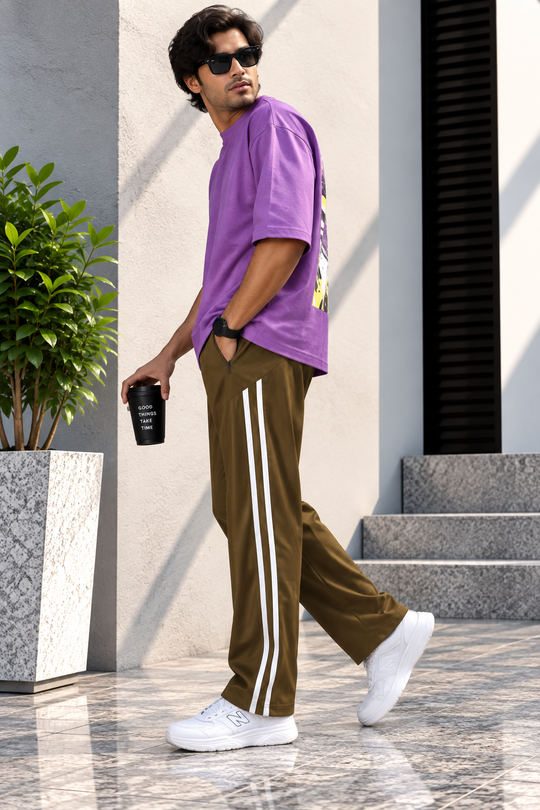 Men's Korean Baggy Double Stripe Dual Zip Track Pants - Olive Brown – 7MAN Men's Fashion India