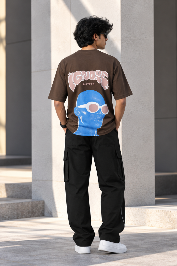 Men's Streetwear  IGNORE HATERS Printed Oversized T-Shirt - Brown