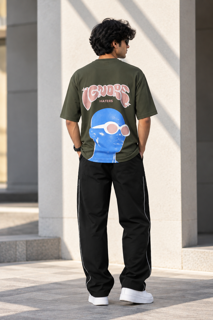 Men's Streetwear IGNORE HATERS Printed Oversized T-Shirt - Mahendhi Green