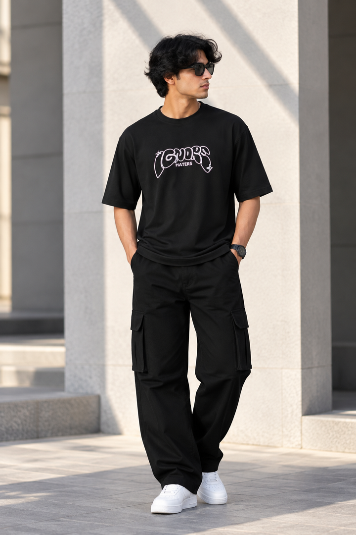 Men's Streetwear IGNORE HATERS Printed Oversized T-Shirt - Black