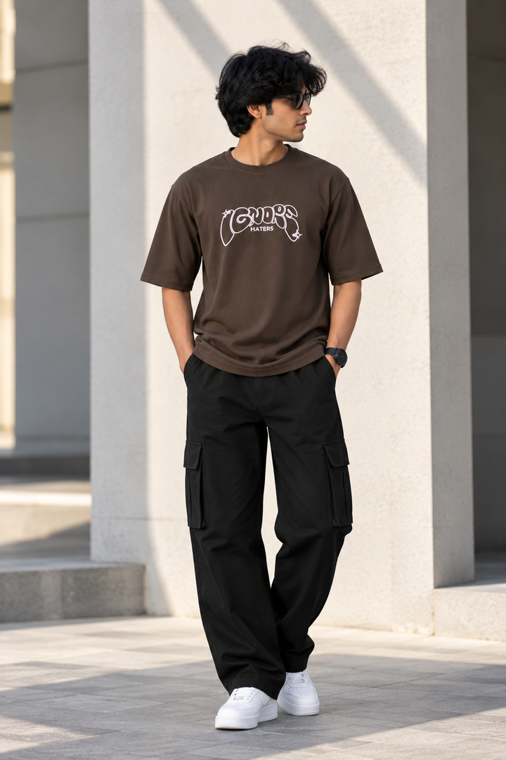 Men's Streetwear  IGNORE HATERS Printed Oversized T-Shirt - Brown