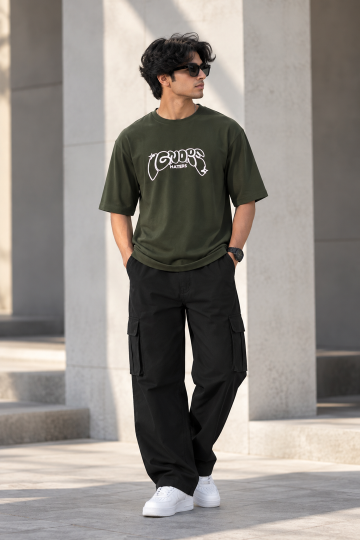 Men's Streetwear IGNORE HATERS Printed Oversized T-Shirt - Mahendhi Green