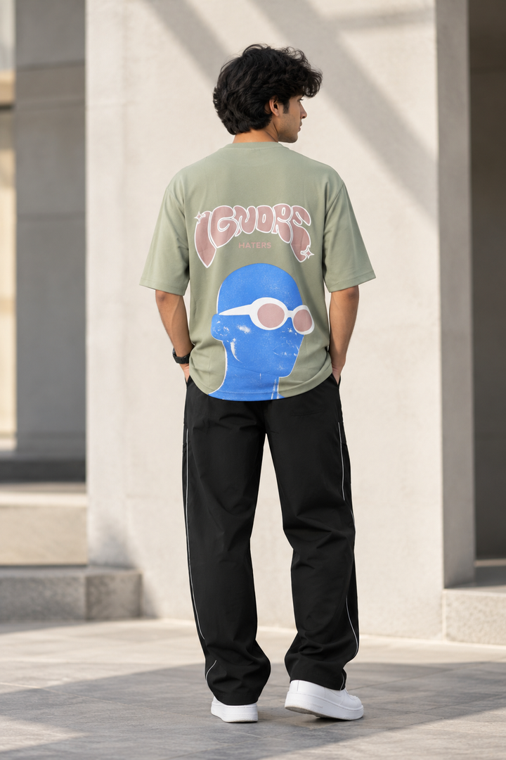 Men's Streetwear  IGNORE HATERS Printed Oversized T-Shirt - Pistha Green