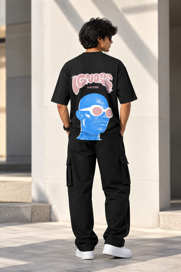 Men's Streetwear IGNORE HATERS Printed Oversized T-Shirt - Black