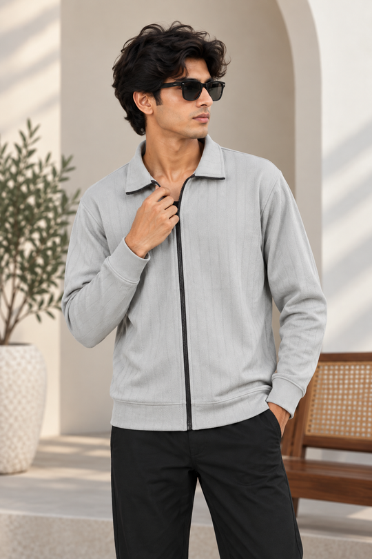 Men's Korean Full-Zip Textured Full Sleeve Tshirt - Ash – 7MAN Men's Fashion India