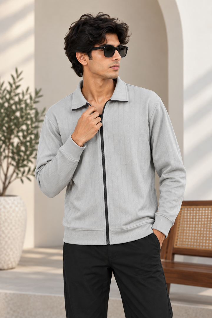 ChatGPTMen's Korean Full-Zip Textured Full Sleeve Tshirt ash