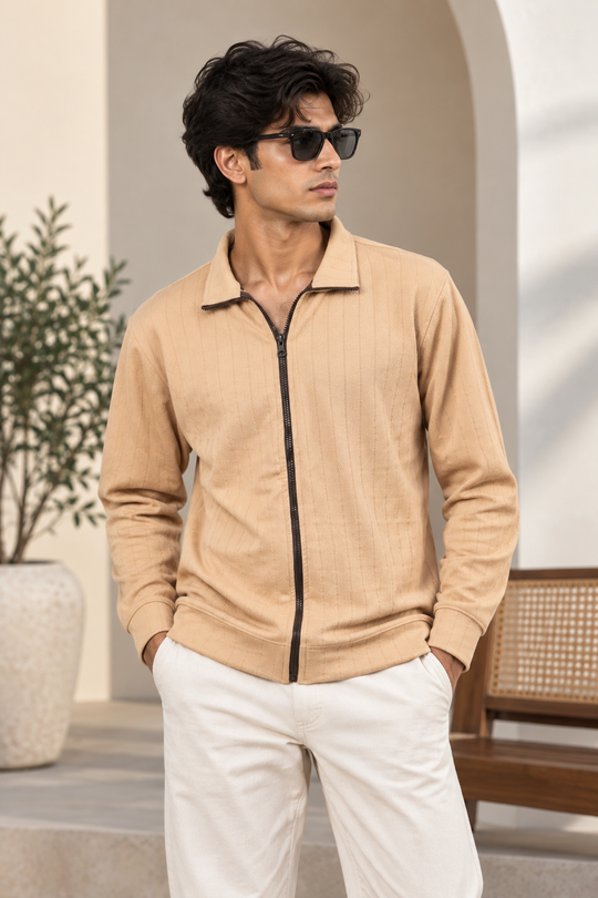 Men's Korean Full-Zip Textured Full Sleeve Tshirt - Beige – 7MAN Men's Fashion India