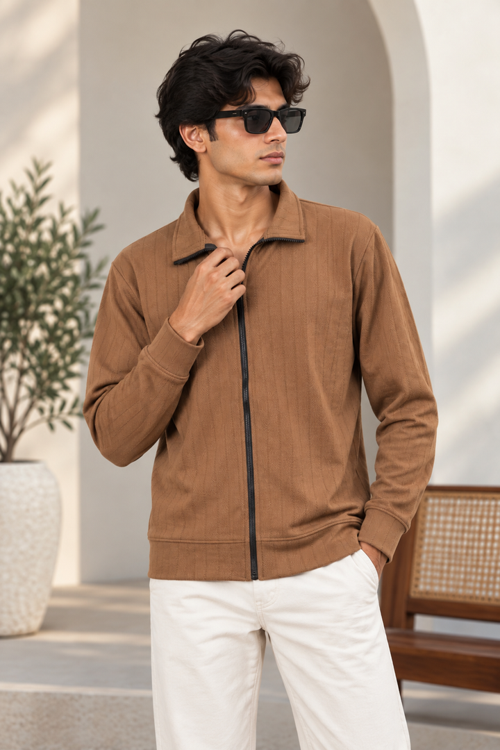 ChatGPTMen's Korean Full-Zip Textured Full Sleeve Tshirt brown