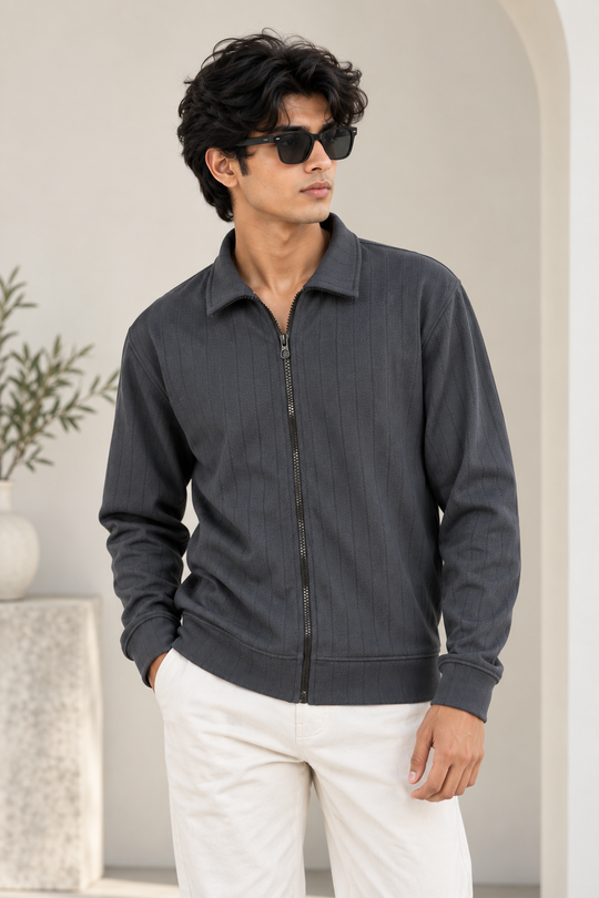 Men's Korean Full-Zip Textured Full Sleeve Tshirt - Dark Grey – 7MAN Men's Fashion India
