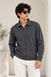 ChatGPTMen's Korean Full-Zip Textured Full Sleeve Tshirt grey