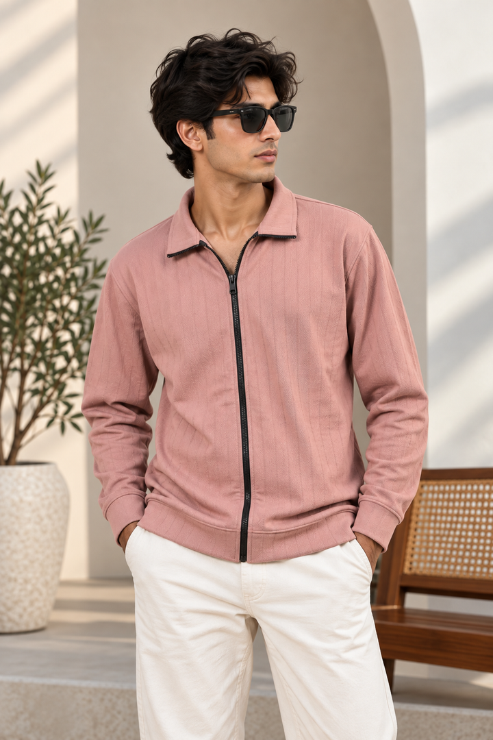 ChatGPTMen's Korean Full-Zip Textured Full Sleeve Tshirt pink