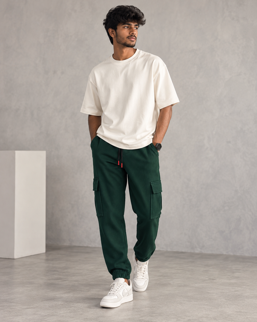 ATTRACTIVE MEN'S POPCORN CARGO TRACK PANT- BOTTLE GREEN