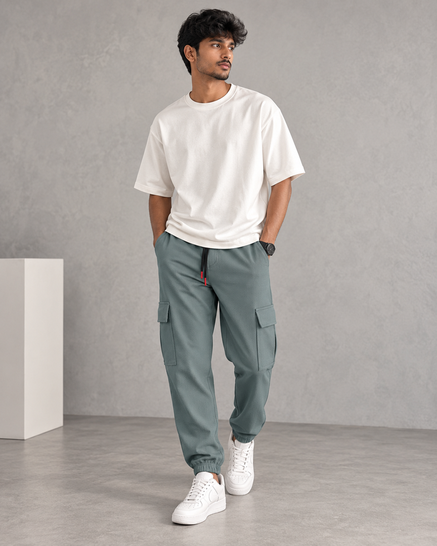 ATTRACTIVE MEN'S POPCORN CARGO TRACK PANT- OLIVE GREEN