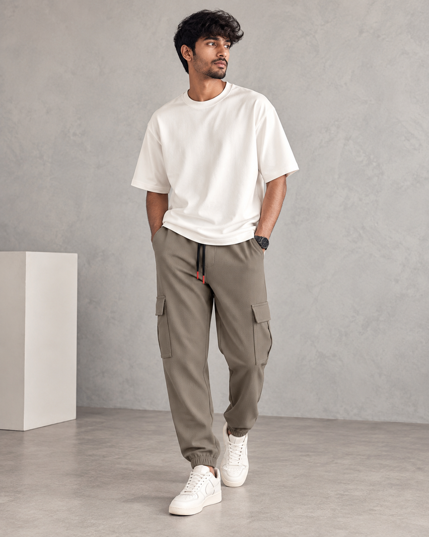 ATTRACTIVE MEN'S POPCORN CARGO TRACK PANT- SANDLE