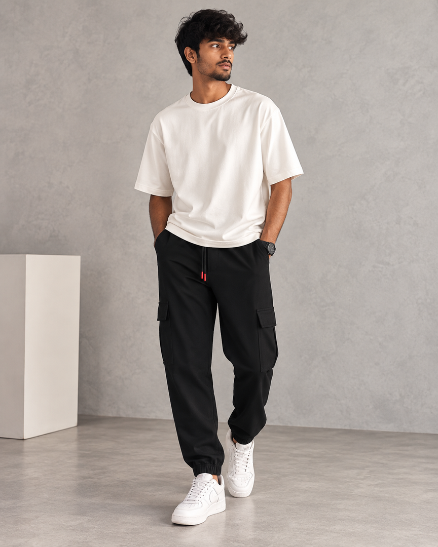 ATTRACTIVE MEN'S POPCORN CARGO TRACK PANT- BLACK