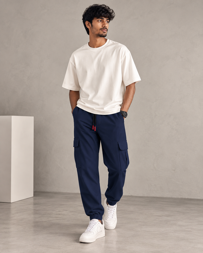 ATTRACTIVE MEN'S POPCORN CARGO TRACK PANT- NAVY BLUE