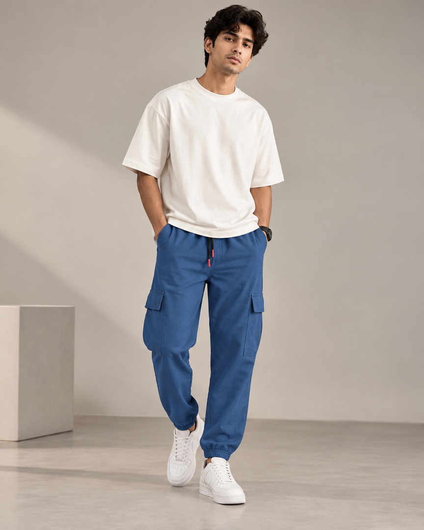 ATTRACTIVE MEN'S POPCORN CARGO TRACK PANT- PETROL BLUE
