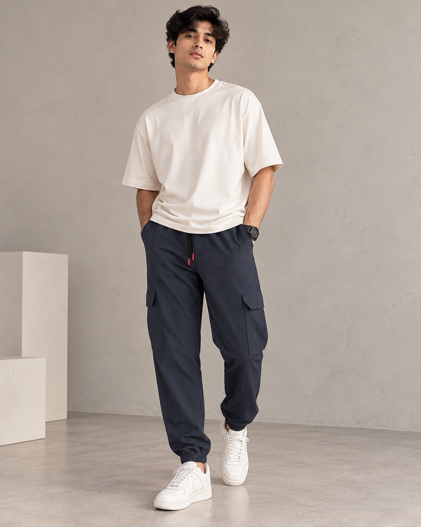 ATTRACTIVE MEN'S POPCORN CARGO TRACK PANT- DARK GREY