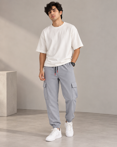 ATTRACTIVE MEN'S POPCORN CARGO TRACK PANT- LIGHT ASH