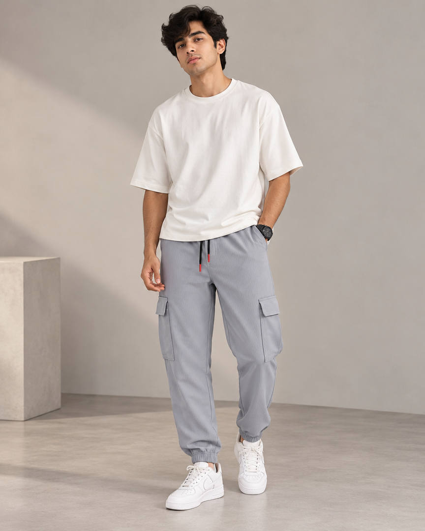 ATTRACTIVE MEN'S POPCORN CARGO TRACK PANT- LIGHT ASH