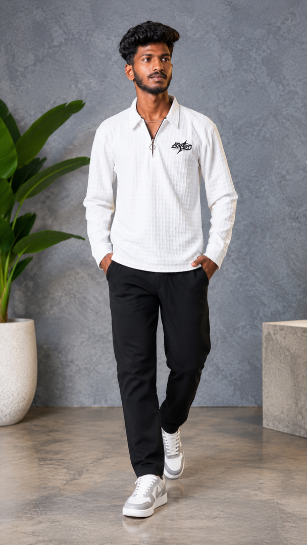Men's BRAND Korean Full Sleeve Quarter-Zip Polo Tshirt- White