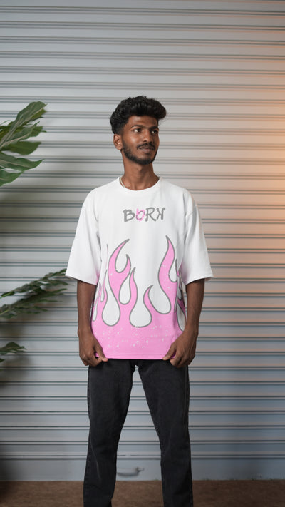 Men's Oversized Born Flame FIRE Graphic T-Shirt - White
