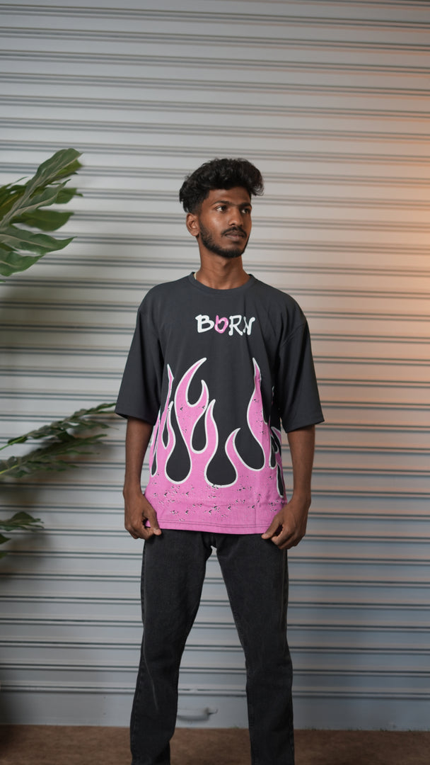 Men's Oversized Born Flame FIRE Graphic T-Shirt - Grey