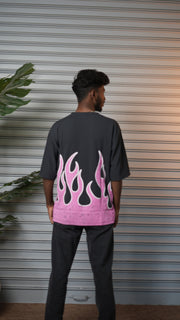 Men's Oversized Born Flame FIRE Graphic T-Shirt - Grey