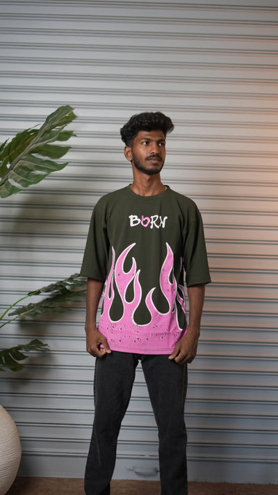 Men's Oversized Born Flame FIRE Graphic T-Shirt - Mahendhi Green