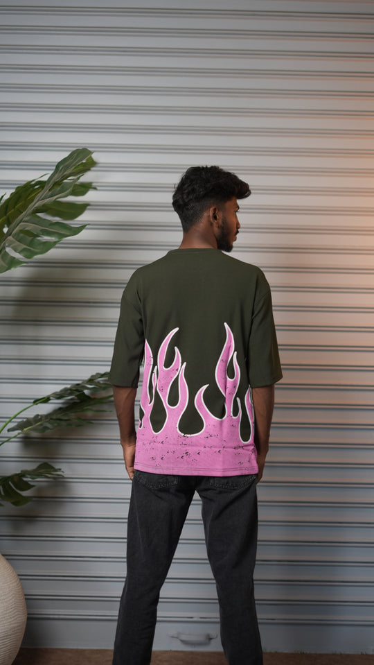Men's Oversized Born Flame FIRE Graphic T-Shirt - Mahendhi Green – alternate view – 7MAN India