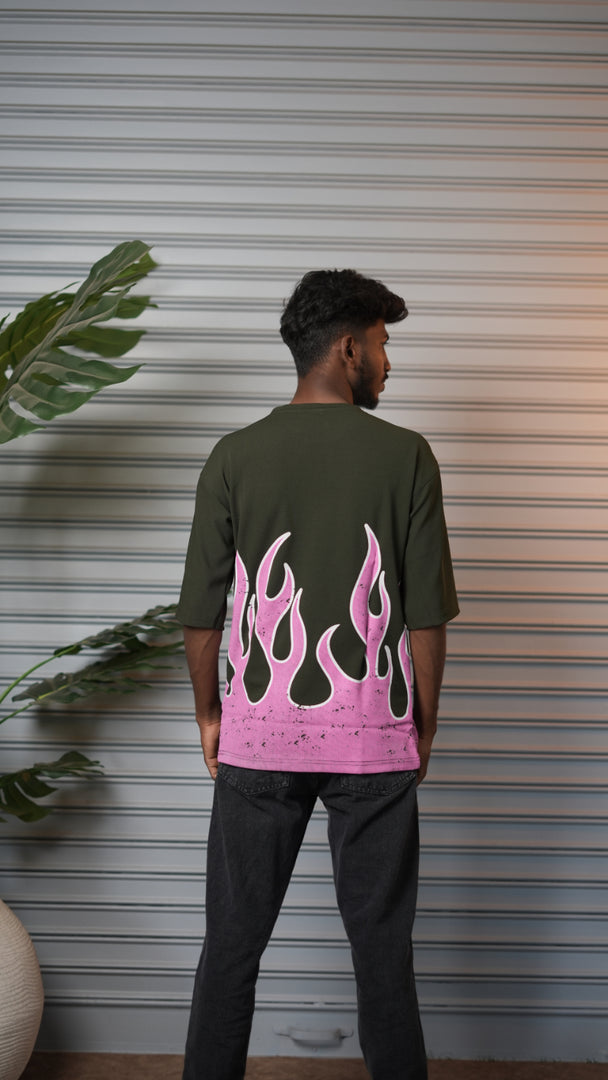 Men's Oversized Born Flame FIRE Graphic T-Shirt - Mahendhi Green