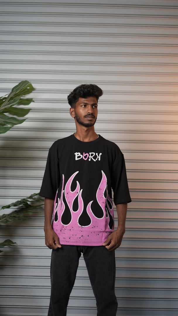 Men's Oversized Born Flame FIRE Graphic T-Shirt - Black
