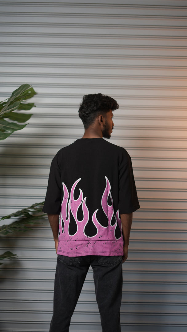 Men's Oversized Born Flame FIRE Graphic T-Shirt - Black