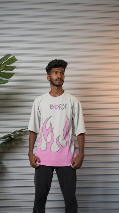 Men's Oversized Born Flame FIRE Graphic T-Shirt - Ash