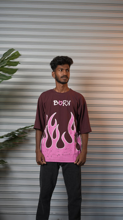Men's Oversized Born Flame FIRE Graphic T-Shirt - Maroon