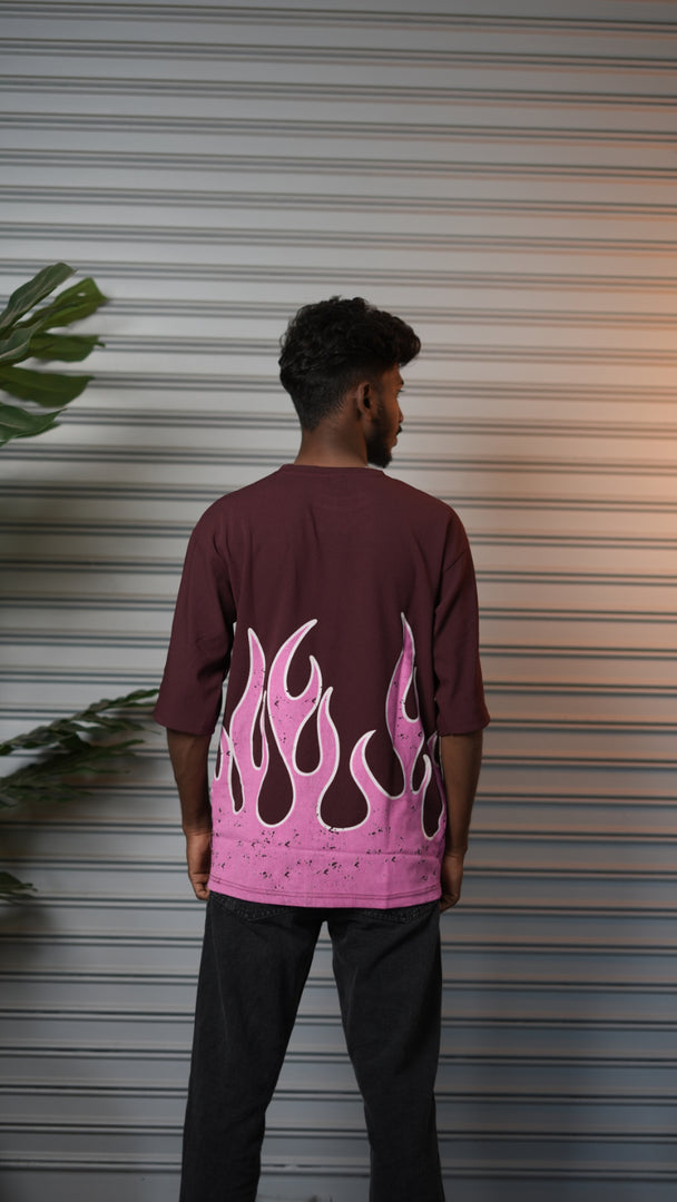 Men's Oversized Born Flame FIRE Graphic T-Shirt - Maroon