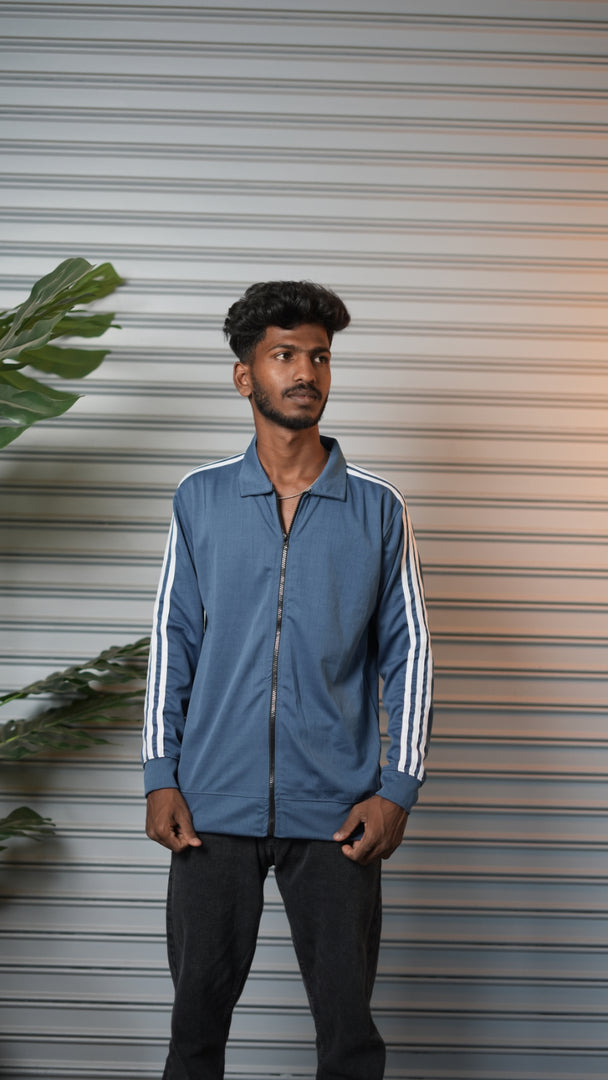 Men's Triple Stripe Full-Zip Full Sleeve Jacket - Sea Blue