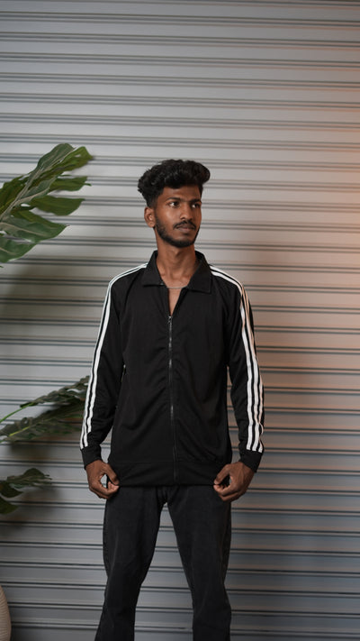 Men's Triple Stripe Full-Zip Full Sleeve Jacket - Black