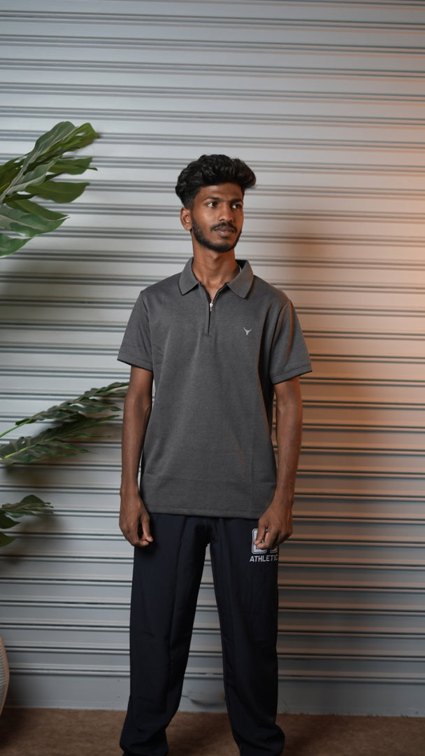 Men's Short Sleeve Cotton Half-Zip Collar Polo T-Shirt - Charcoal Grey