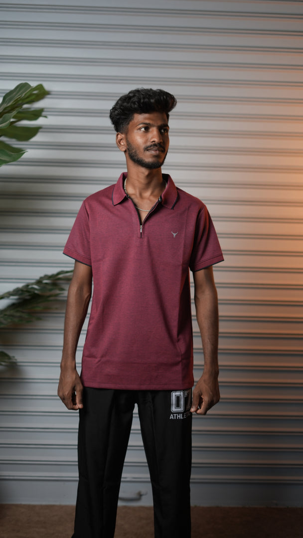 Men's Short Sleeve Cotton Half-Zip Collar Polo T-Shirt - Maroon