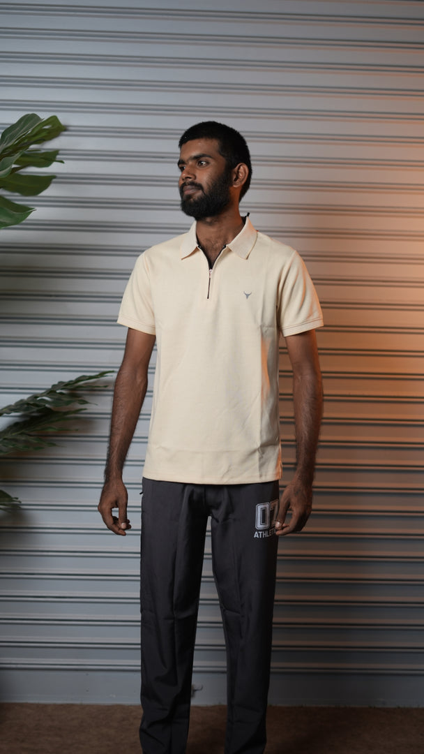 Men's Short Sleeve Cotton Half-Zip Collar Polo T-Shirt - Light Sandle