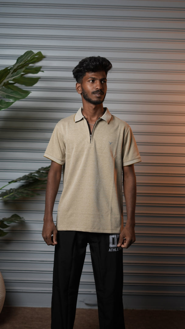 Men's Short Sleeve Cotton Half-Zip Collar Polo T-Shirt - Light Brown