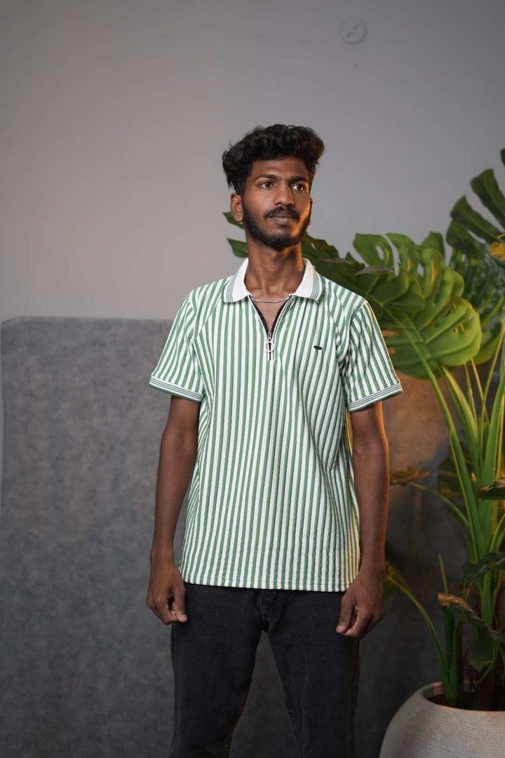 Men's Korean Zipper T-Shirt | Half Sleeve Polo Zip Neck - Green