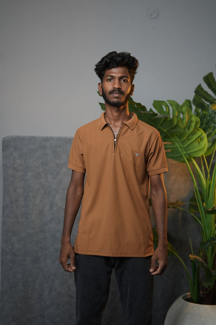 Men’s Solid Zipper Polo T-Shirt – Casual Half Sleeve Polo Tee - Brown